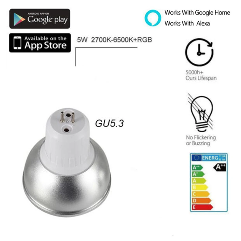 

Smart wifi spotlight GU5.3 voice-activated color-changing bulb lamp Mobile phone app remote control led bulb MR16
