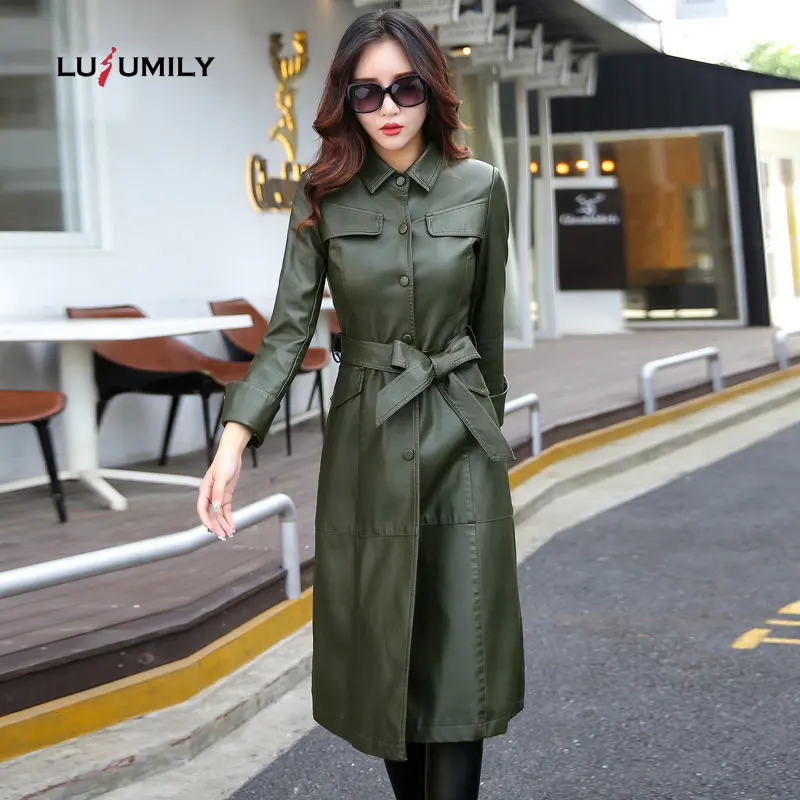 

Lusumily High-quality Long Leather Jacket Women New Fashion Coat Female 5XL Plus Size Turn Collar Single Covered Button Outerwea