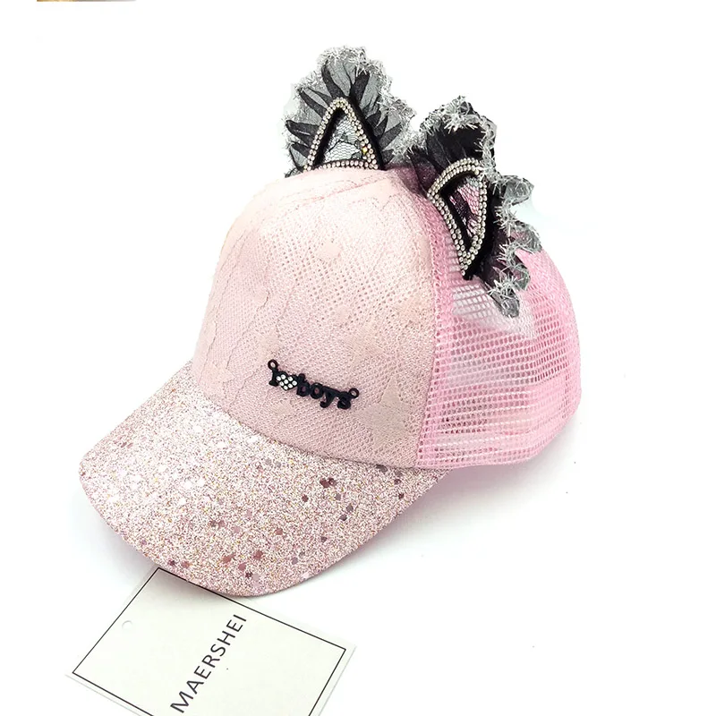 MAERSHEI  2019 New Summer Children's Girl Baseball Cap Cute Lace Ear Mesh Cap Snapback Casquette Sequin Kids cap