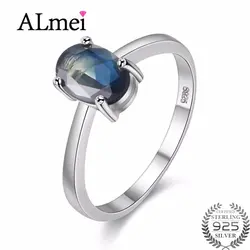 Almei овальным вырезом простой созданный синий сапфир Обручение Настоящее серебро 925 проба кольцо Уникальный дизайн для Для женщин