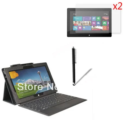 

Folio Stand Leather Case Cover +2x Clear Screen Protector Films +1x Stylus For Microsoft Surface Pro 1 2 Pro1 Pro2 10.6" Tablet