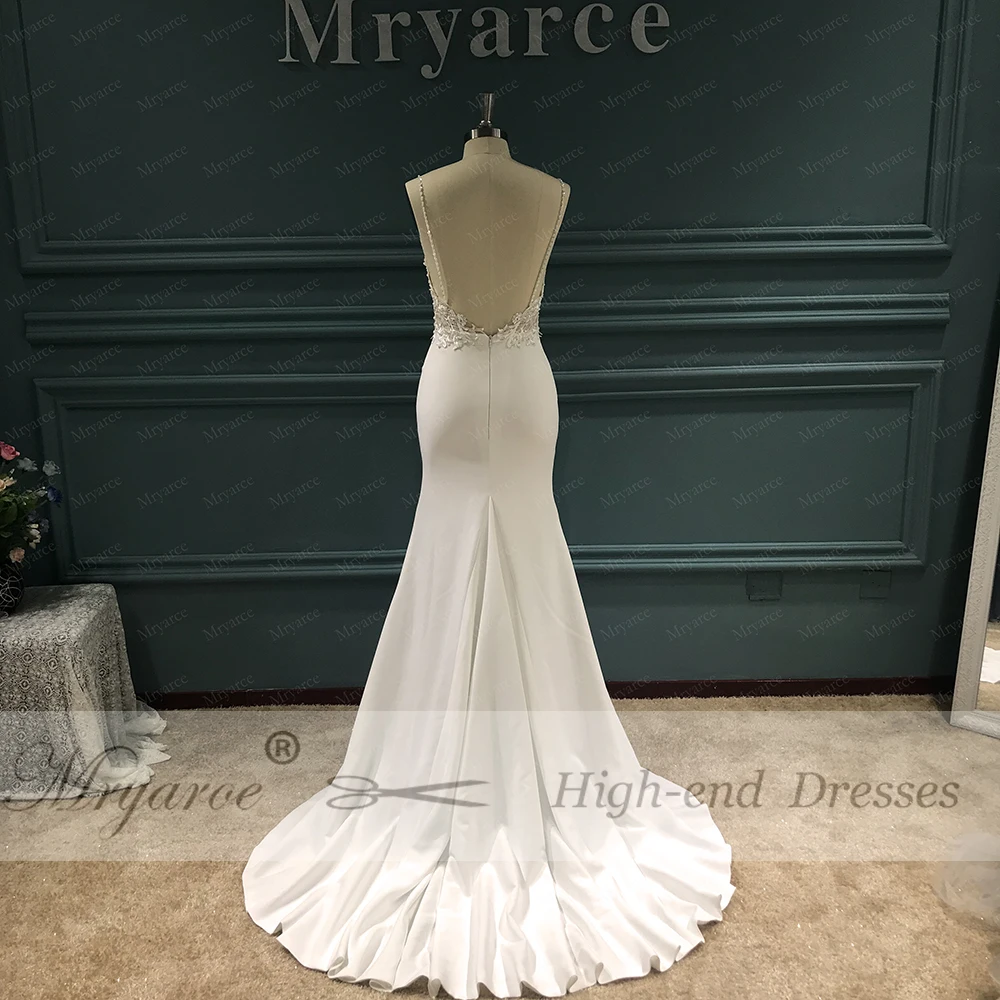 Mryarce Unique Bridal Lace Beading Open Back Overskirt Wedding Dresses Sienna Crepe Mermaid Gown With Detachable Train wedding gown