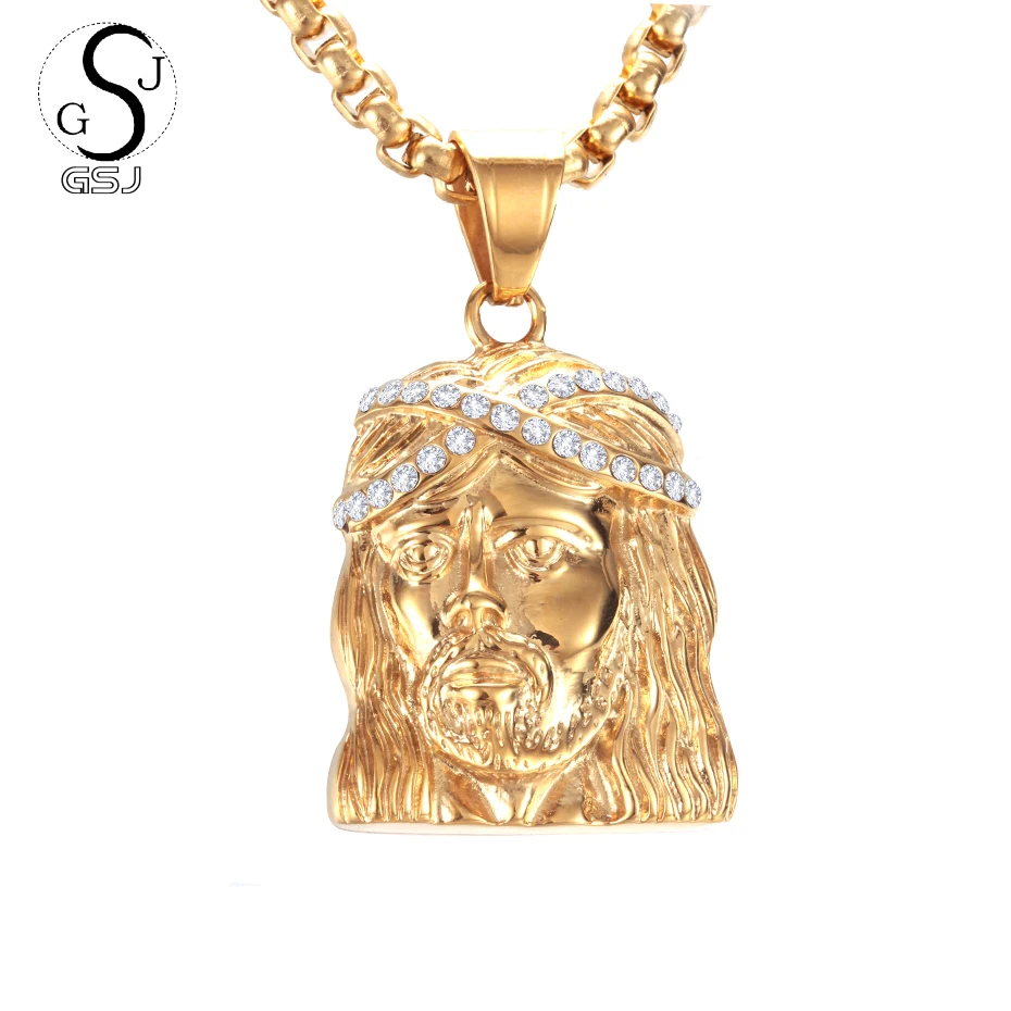 GSJ Stainless Steel Vintage Gold Color Necklace Christian Jesus