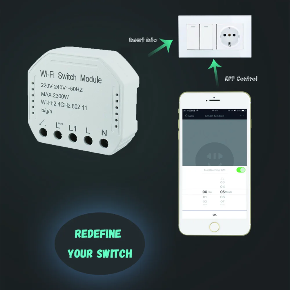 Интеллектуальный переключатель Wi Fi модуль 220 240V 2300W Управление Таймер светильник