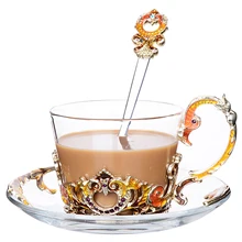 Винтаж Кофе чашки блюдца множество термостойкие рукоятки Стиль Эмаль Круглый Стекло чашки Чашки Воды Drinkware Стекло es Цветочный чай чашки