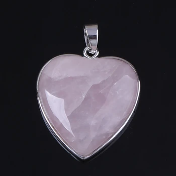 KFT Silver Plated Natural Rose Pink Quartz Amethysts Crystal Reiki Forever Love Heart Shape Stone Pendant Fashion Jewelry