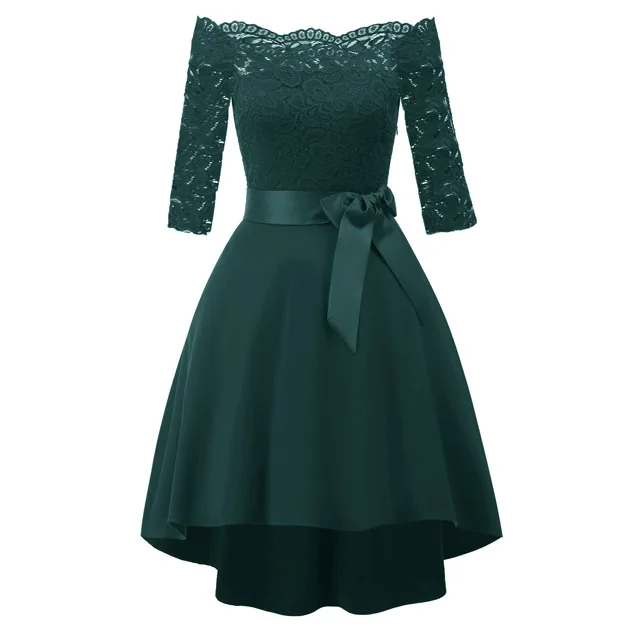 Элегантное Бордовое платье с открытыми плечами для матери невесты атласное платье с короткими рукавами для гостей на свадьбе с поясом - Цвет: Green