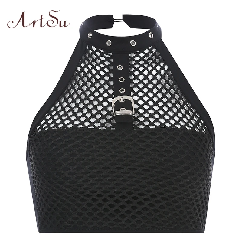 

ArtSu Sexy Black Mesh Tank Top Women Halter Backless Crop Top 2019 Streetwear Bodycon Hollow Out Tank Tops ASVE20617