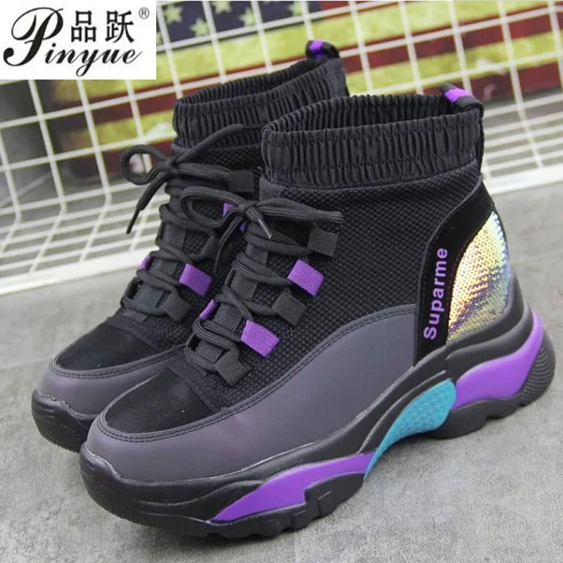 

Women Winter Warm Sock Shoes 2019 Fashion Warm Women Casual Shoes High Top Ladies Sneakers Add fleece and thicken sneakers