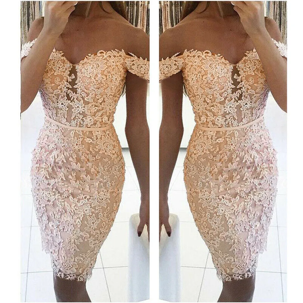 

Sexy Bodycon dress Women prink lace Crochet Floral Off Shoulder dress formal Evening Party Club Mini Dress vestido