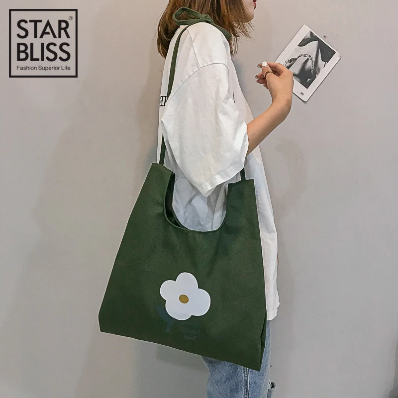

Fresh green canvas bag female 2019 flower fabric portable canvas bag printing canvas shoulder bag womens bags handbags Solid