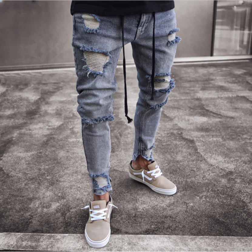 Длинные рваные штаны в обтяжку джинсы Тонкий Весна отверстие 2018 Мужская мода тонкие обтягивающие джинсы для Для мужчин брюки в стиле