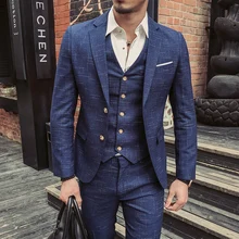 Wedding Formal Wear Suits Blazer Men Good Quality Blue Plaid Suits Fashion Male Formal Dress Suits