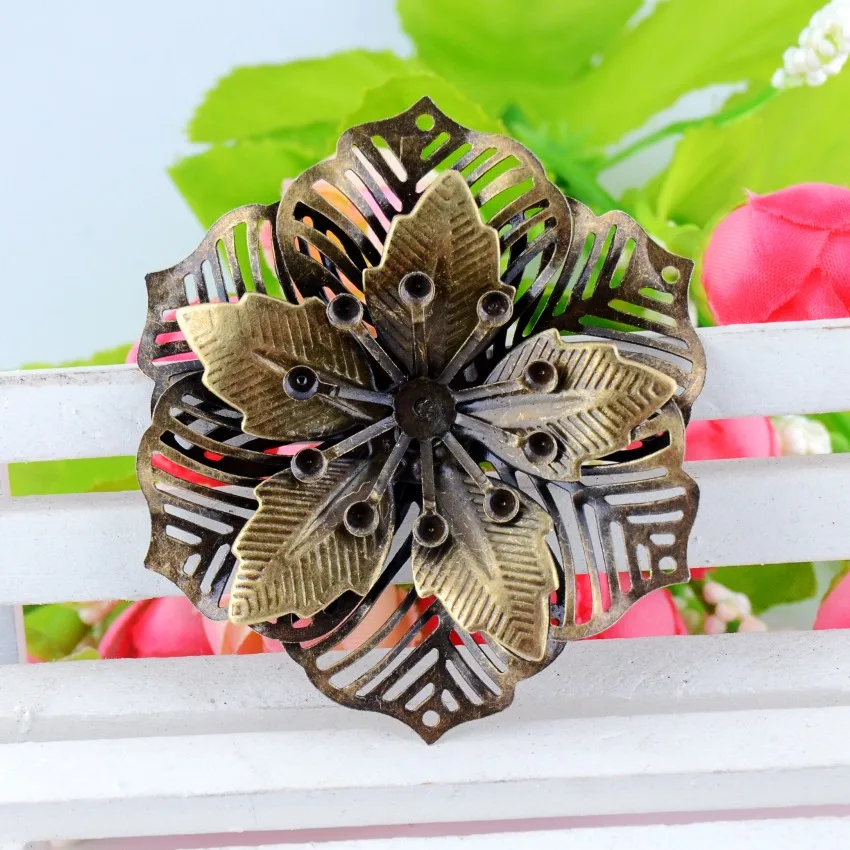 Free shipping Retail 2Pcs Antique Bronze Filigree Flower Embellishments