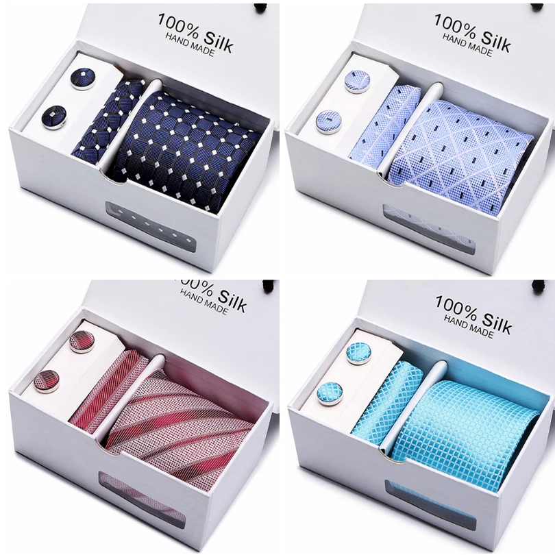 

8 Cm Wide Ensemble Silver Paisley Man Tie, Handkerchief and Cufflinks Gift Box Packing 2 pcs/lot wholesale group tie