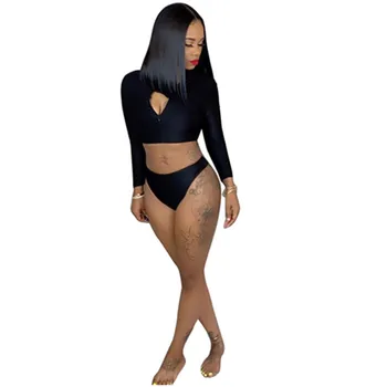 

Women long sleeve zipper up skinny Crop tops +Shorts 2 piece set swimsuit bodysuit sexy Bikini beachwear holiday Black bodysuit