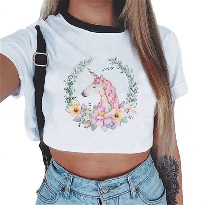 

Hot Selling Summer Kawaii Crop Top Cartoon Horse Wreath Unicorn Sexy Women T Shirt Casual Fashion Harajuku Tops Camiseta Mujer