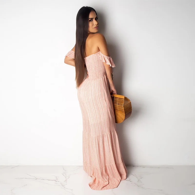 مخطط طباعة مثير ثوب فضفاض للمرأة بذلة مائل الرقبة قصيرة الأكمام واسعة الساق ارتداءها الصيف قبالة الكتف عارية الذراعين شاطئ عموما