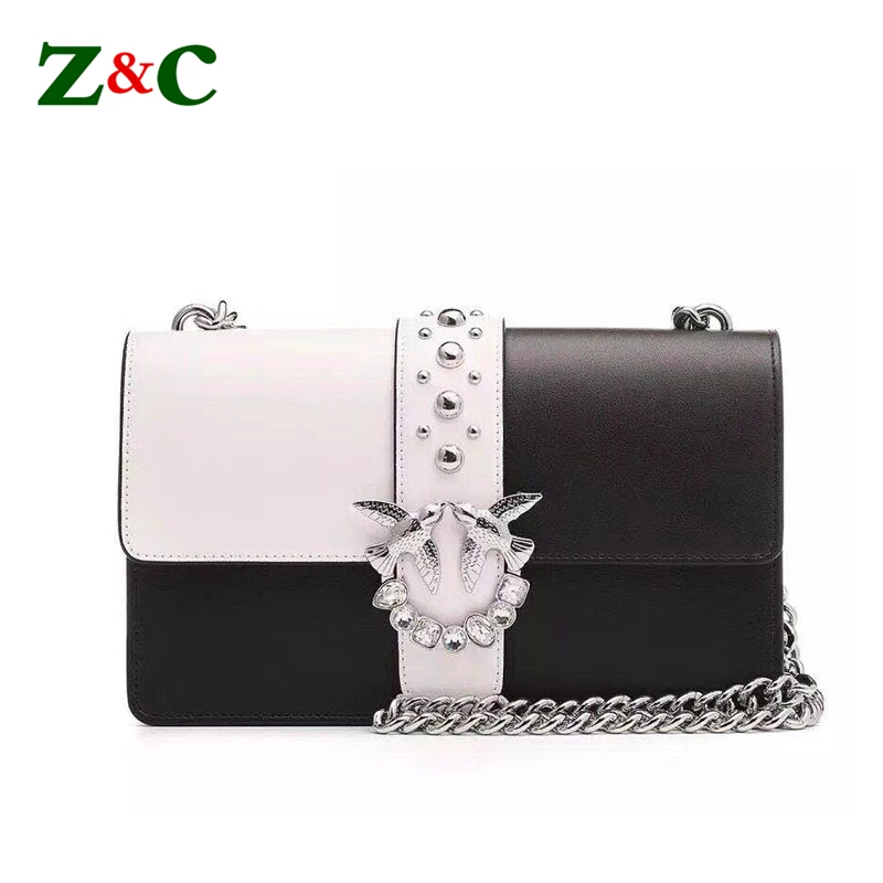 

2018 Fashion Swallow Rivet Chain Crossbody Bag Luxury Leather Handbags Women Messenger Bags Designer Flap Girls Shoulder Bag Sac