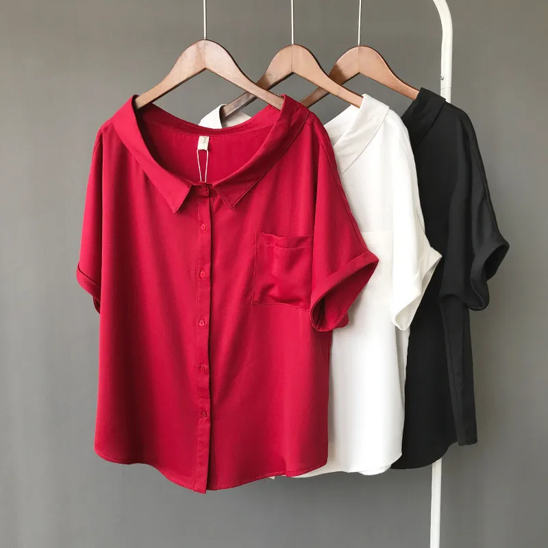 

High quality Red Chiffon Wide neck Loose Shirt Office Top 2018 Working Women Blouse Shirt Half Loose Sleeve Summer Elegant top