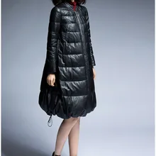 Кожаный женский длинный пуховик зимнее пальто пуховик размера плюс