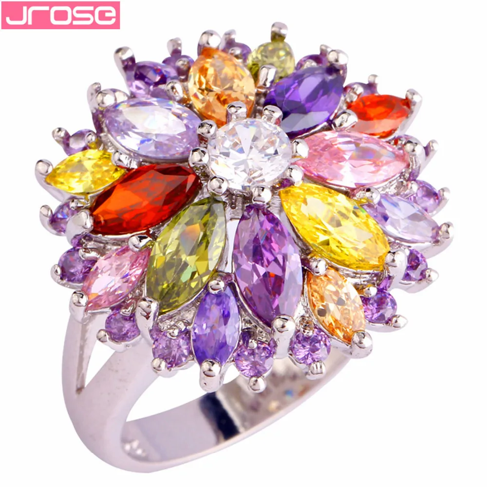

JROSE Engagement Flower Peridot Pink White Topaz Garnet Colorful Jewelry Silver Ring Size 6 7 8 9 10 11 12 14 Free Ship Women