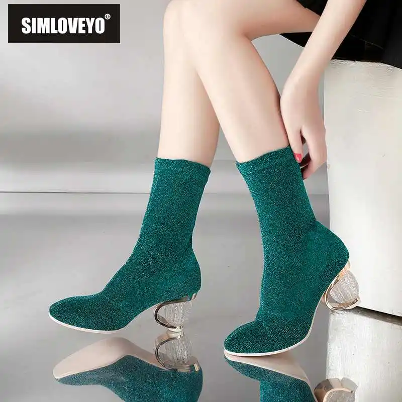 

SIMLOVEYO Women Boots 2019 Spring Autumn Sock Boots Clear Heel Woman High Heels Booties Transparent Ankle Boots Botas mujer B704