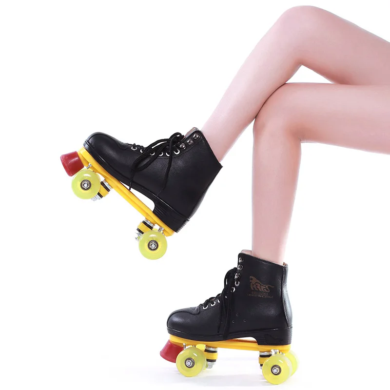 جلد طبيعي زلاجات دوارة مزدوجة خط Patines الرجال النساء نماذج الكبار مع سباق 4 بو عجلات اثنين خط الأسطوانة أحذية التزلج