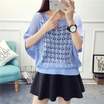 

Summer Korean version of the hollow knit women's sweater sweater large size net cover sunscreen loose bat shirt