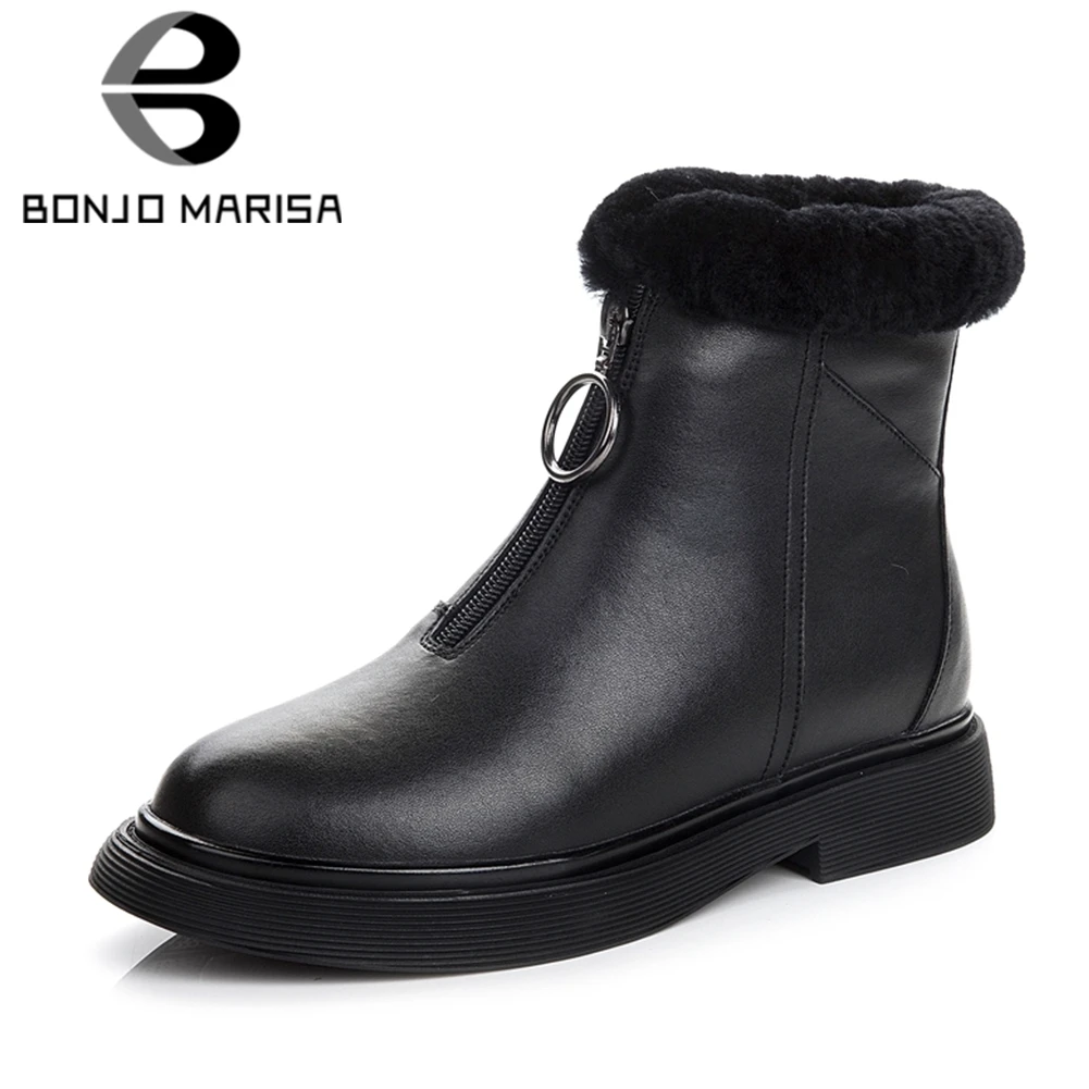 

BONJOMARISA Genuine Cow Leather Winter Boots Women Faux Fur Zipper 3.5cm Med Heels Casual Boots For Ladies Shoes Woman 34-40