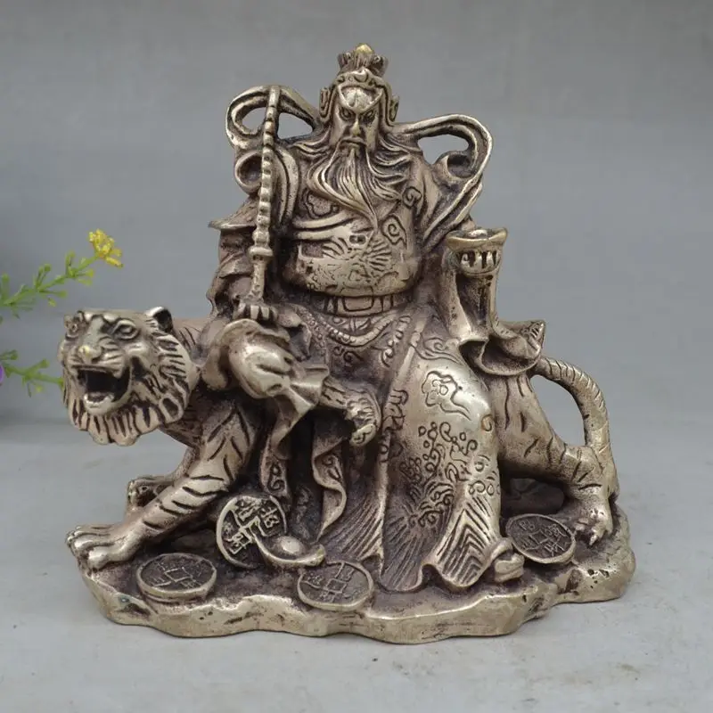 

Collectible Decor Old Handwork Miao Silver Carved Gong Ming Riding Tiger Statue