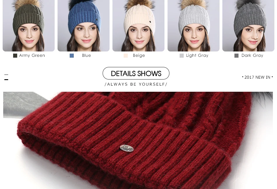 Woman Winter Hats Wool Skullies Beanie Raccoon Fur Pom Pom Stripe Knitted Hat Female Autumn Skullies Beanies  (5)