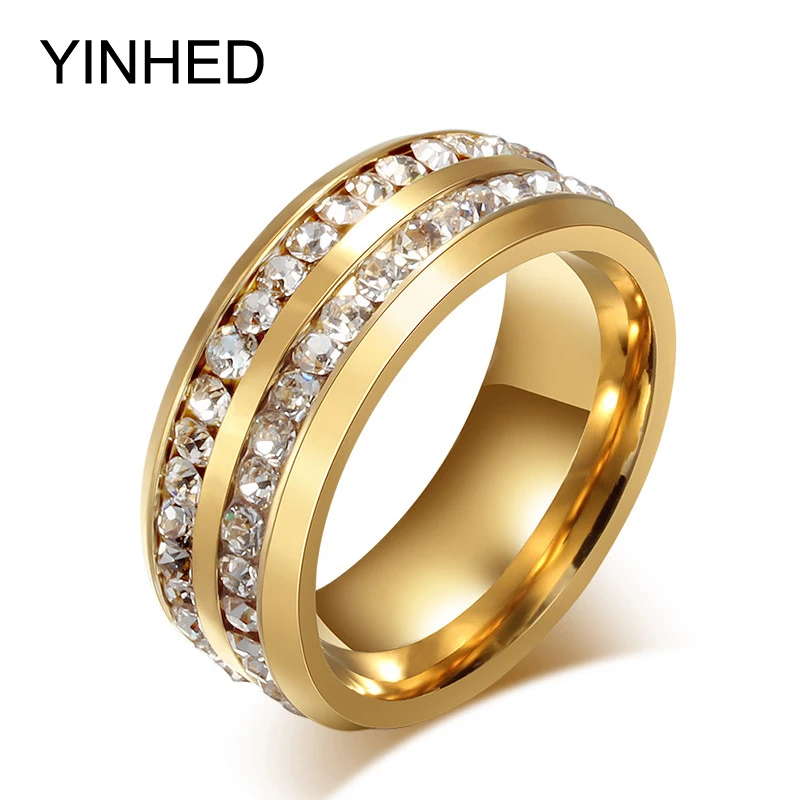 

YINHED Never Fade Stainless Steel Ring Gold Color Fashion Jewelry 2 Row Zircon Crystal Wedding Rings for Women and Men ZR190