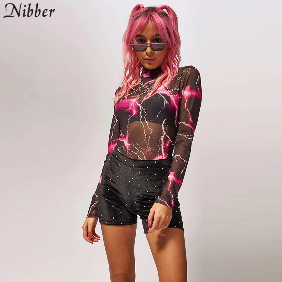 Nibber spring Mesh print Elastic Slim full sleeve bodysuits2019fashion Basic ladies High street casual wear Soft Casual bodysuit