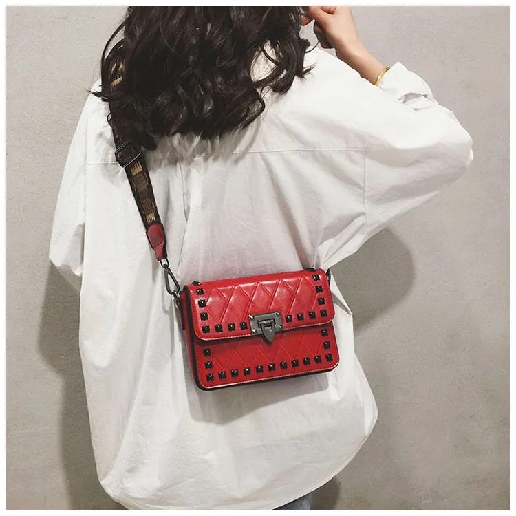 Women's Fashion Rivets Crossbody bag Luxury Brand PU leather Shoulder Bags Female Red Punk Style Wide Strap Street Handbag Purse (29)