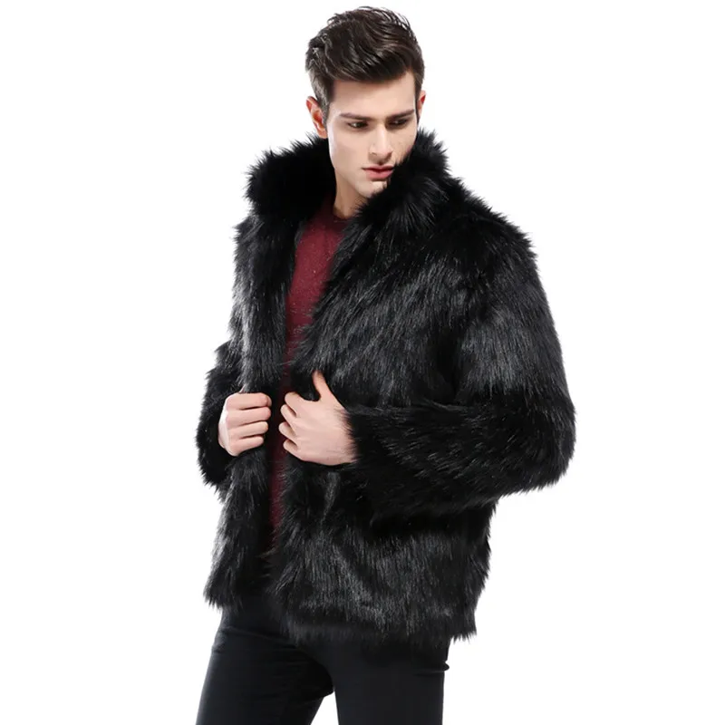 Black Warm Faux Fur Coat Mens Leather Jacket Men Overcoat Autumn Winter ...