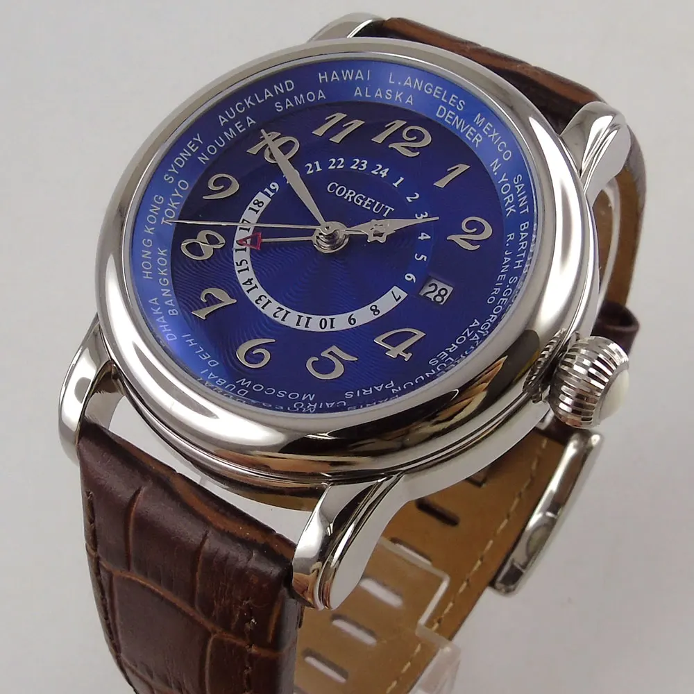 

43mm corgeut big pilot blue dial brown leather strap GMT leather strap Automatic mens wirst Watch 37
