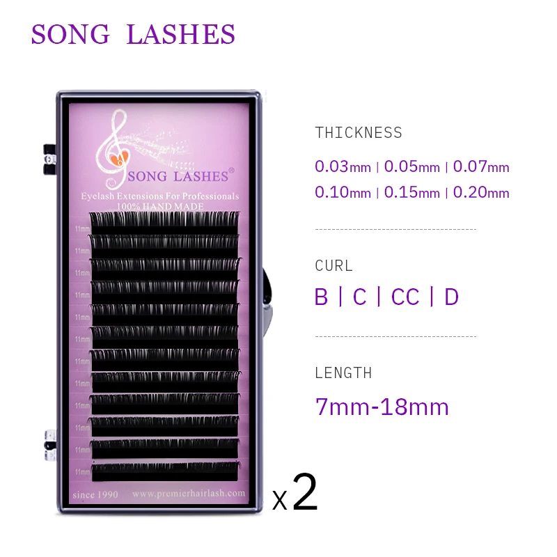 

SONG LASHES False Eyelash Extensions Soft Thin Tip 12 Rows C ,CC ,D curl All thickness 2boxes per pack