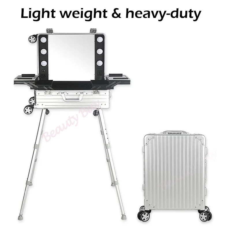 

Light weight AL-Mg Alloy makeup trolley case with lights, cosmetic train case.