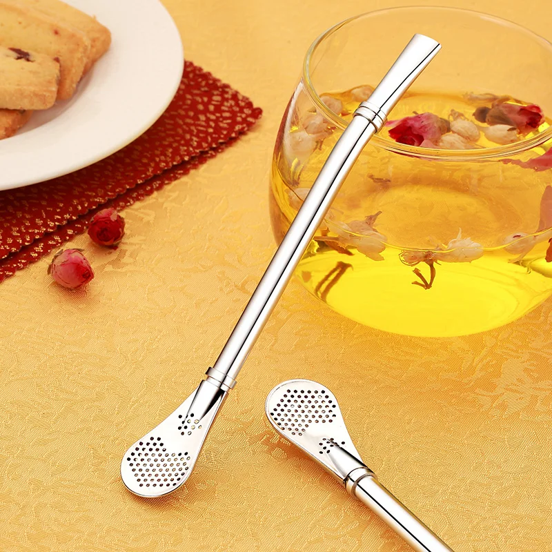 Drinking Straw Spoon Tea Filter Stainless Steel Reusable Metal Straws