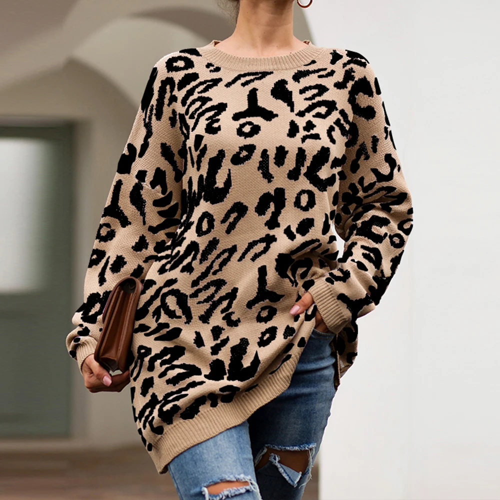 

LASPERAL 2019 Woman Leopard Knitted Sweater Winter Print Long Sleeve Female Pullovers Casual Sweater Loose Female Sweaters