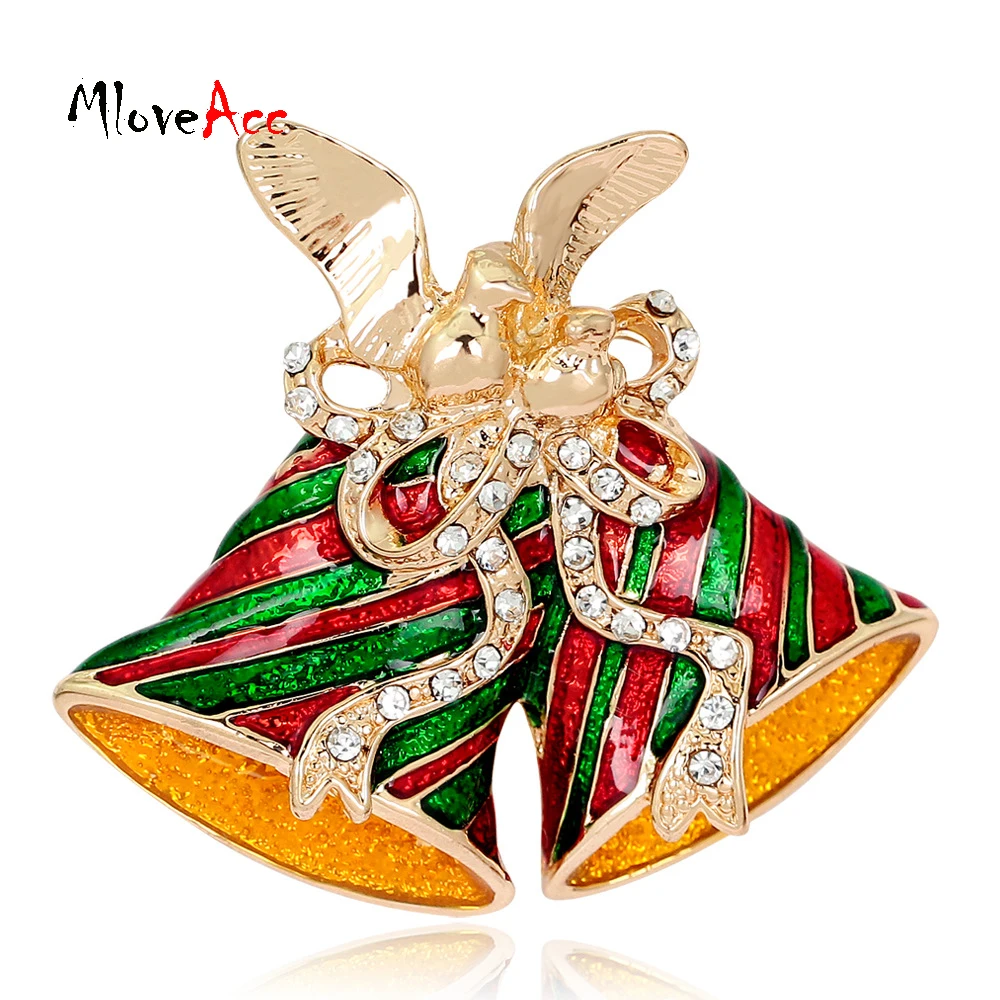MloveAcc Double Enamel Christmas Bell Brooch Bowknot Rhinestone