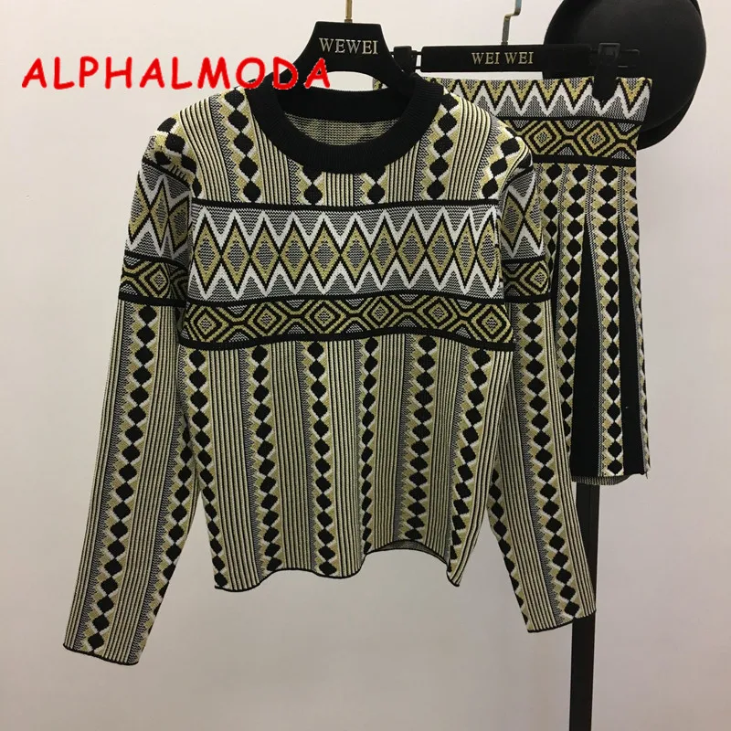 

ALPHALMODA 2018 Autumn Geometric Prints OL Casual Sweater Skirt Suit Pullover Knitted Jacket + A Skirt Women Fashion Winter Set