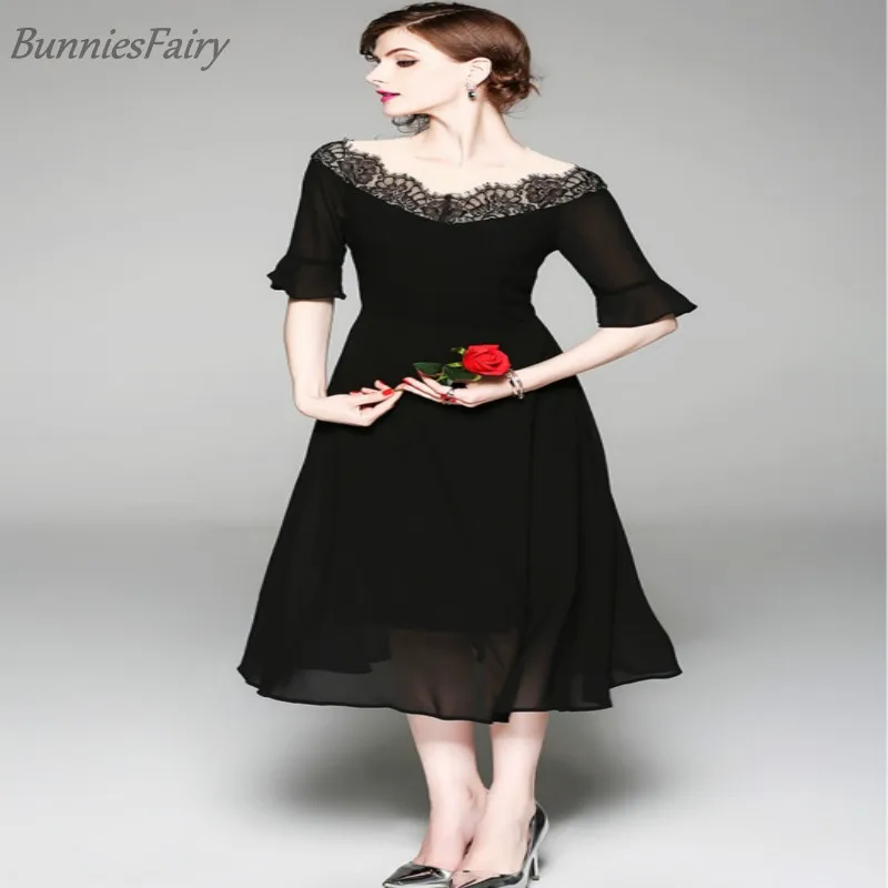 BunniesFairy летнее Новое Женское Простое Элегантное стильное Черное Шифоновое Платье трапециевидной формы с v-образным вырезом кружевное лоскутное вечернее платье с расклешенными рукавами