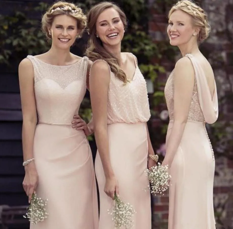 Длинное шифоновое розовое 3 вида стилей, платья подружки невесты, телесное длинное платье для свадебной вечеринки, платье на выпускной