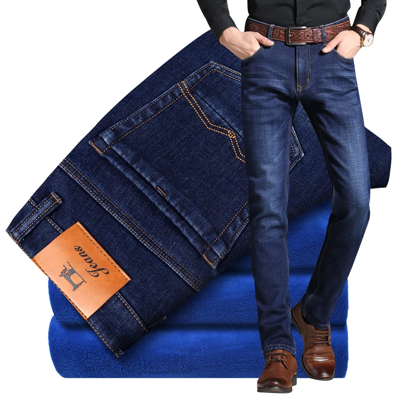 Mens Winter Stretch Thicken Jeans with Warm Fleece High Quality Denim