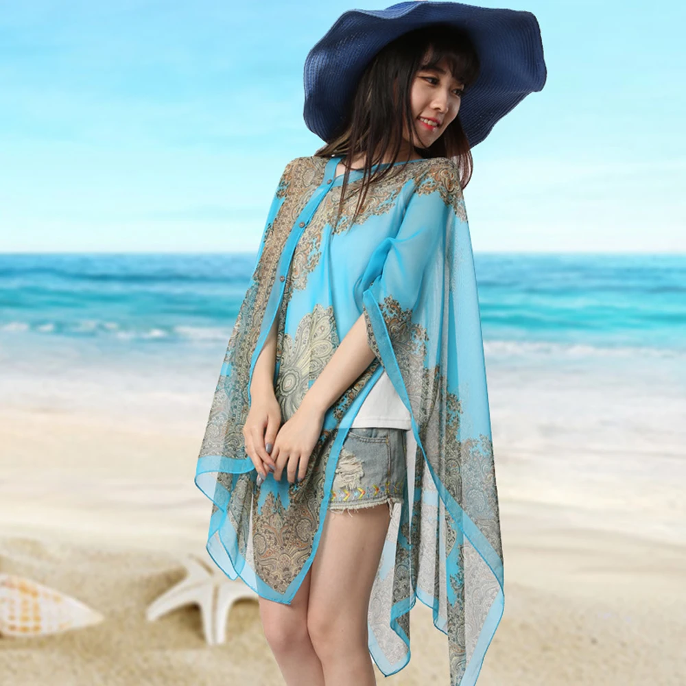 KLV Women's Summer Beach Outdoor Sunscreen Soft V-neck Chiffon Shirt Female Autumn Windproof Scarf Slash Neck Print Blouse Tops KLV Women's Summer Beach Outdoor Sunscreen Soft V-neck Chiffon Shirt Female Autumn Windproof Scarf Slash Neck Print Blouse Tops