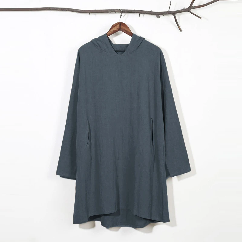 2018 otoño camiseta de los hombres de algodón estilo chino manga larga con capucha Vintage Longline T-shirts hombres Casual sólido Camisetas S-2XL