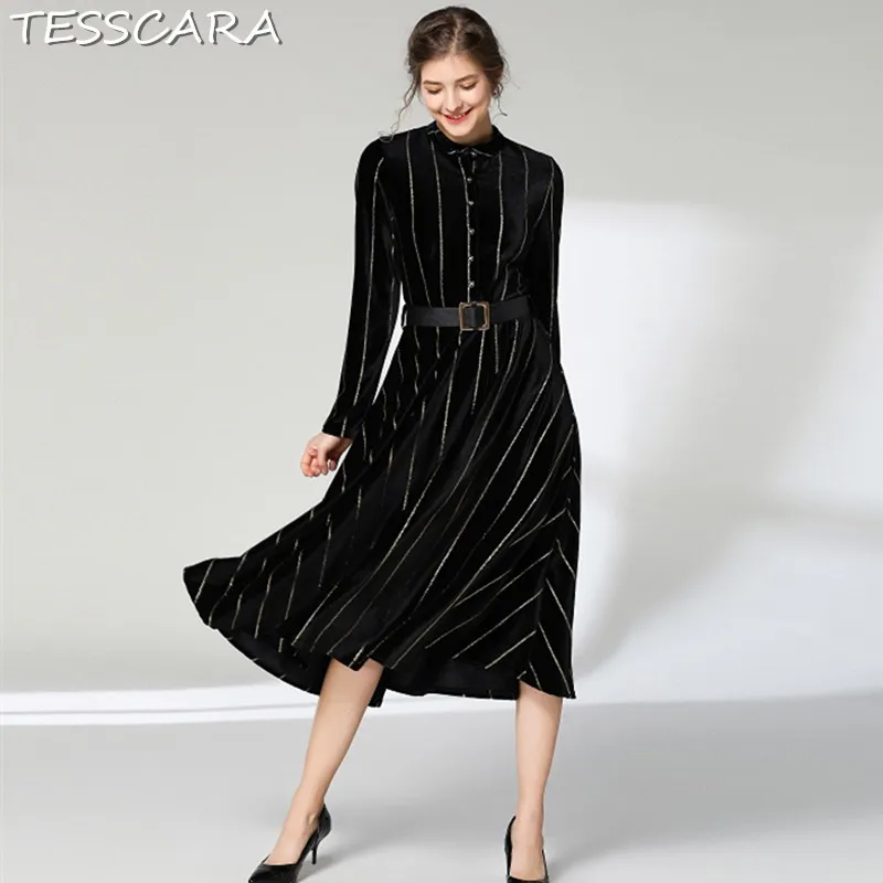 

TESSCARA Women Winter Elegant Velvet Dress Shirt Festa Female Vintage Designer Vestidos High Quality Office Retro Robe Femme