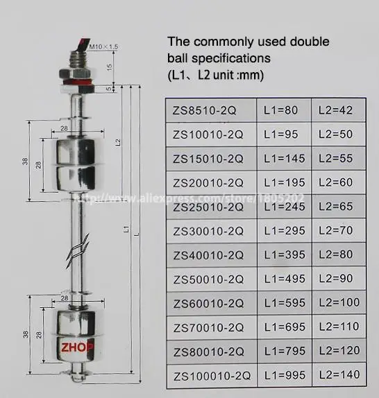 100 V 10 W 0.5A 220 V 50 W 304 Нержавеющая сталь двойной поплавок переключатель жидкости переключатель датчика уровня ZS10010-2-50 1A1